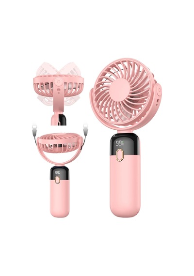 Warmco K70 Taşınabilir Şarjlı El Vantilatörü 2400mah 360 Döner Başlıklı Ve Standlı Dijital Ekranlı Soğutucu Fan Pembe