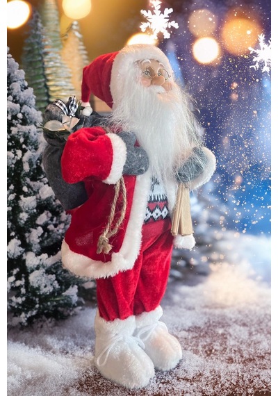 Yılbaşı Süsü Noel Baba Biblo Figür Büyük Boy 45cm -kayakları, Hediye Çuvalı Ve Aksesuarları İle 45