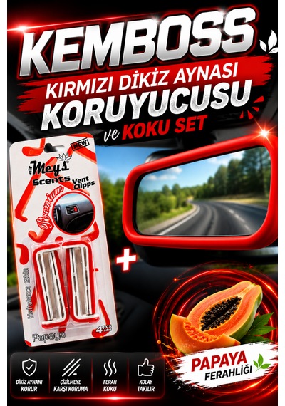 Kemboss Kırmızı Dikiz Aynası Koruyucu Ve Papaya Araç Klima Kokusu Seti Ayna Koruma Kiti