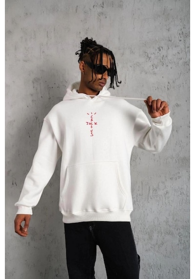 Erkek Kordonlu Arka Maske Kordon Saçlı Kapüşonlu Sweatshirt Hoodie - Beyaz