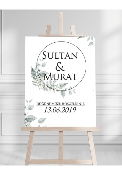 Söz Nişan Düğün İçin 50x70 Karşılama Panosu - Yeşil Çiçek Tasarımlı 006 Beyaz
