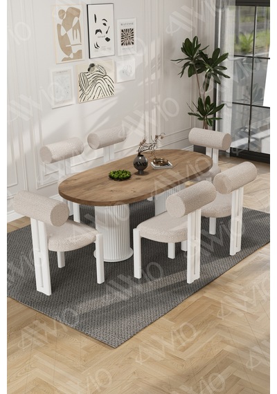Avvio Lizy Bohem Ayak 6'lı Metal Pofi Demonte Sandalye 80x160 Masa Sandalye Takımı Akça Masa Sandalye Beyaz Kumaş Krem Avvio Lizy Bohem Ayak 6'lı Metal Pofi Demonte Sandalye 80x160 Masa Sandalye Takımı Akça Masa Sandalye Beyaz Kumaş Krem