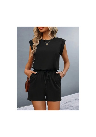 Butik İstanbul Kadın Kısa Kollu Vatkalı Belden Bağcıklı Kısa Viskon Tulum Siyah