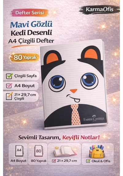 Kedi Desenli A4 Çizgili Defter 80 Yaprak 1 Adet Mavi Gözlü Kedi Tasarım