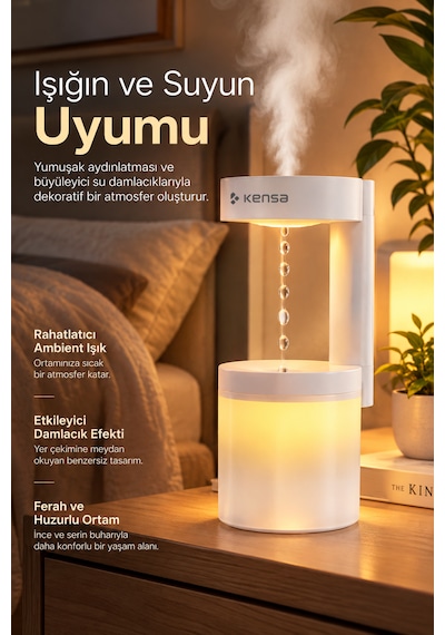 Kensa Ultrasonik Hava Nemlendirici 580 Ml Buhar Makinesi 5 Farklı Gece Lambası Damlacık Efektli