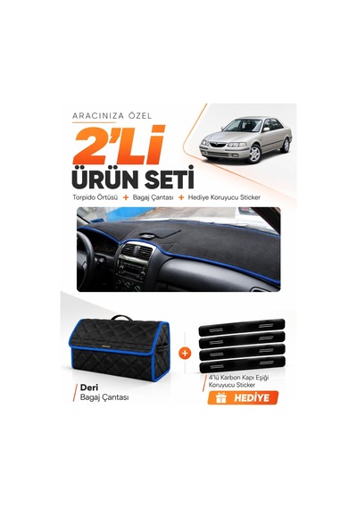 E-biz Mazda 626 Airbagsiz 1998-2000 Uyumlu Torpido Örtüsü + Deri Çanta - Siyah-mavi - Ma010