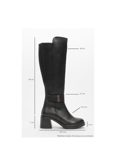 Luvishoes Luvi Shoes Moreni Siyah Cilt Streç Detaylı Tokalı Kadın Kalın Topuklu Çizme Siyah Mat
