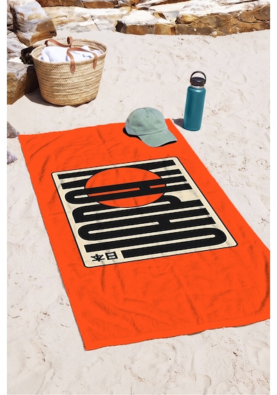 Turuncu Grafik Güneş Plaj Havlusu - Retro Japon Esintili Minimalist Hızlı Kuruyan Mikrofiber Havlu Mat Defne