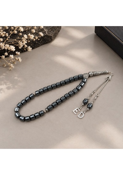 Harflı Püsküllü Hematit Taşı Tesbih Doğal Taş Fıçı Kesim 8x8mm Tesbih