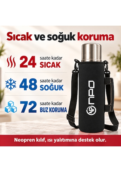 Npo Nt01 2 Katman Vakum Teknolojili 24h Sıcak 48h Soğuk 72h Buzlu Koruma Çelik Termos Siyah Kılıflı