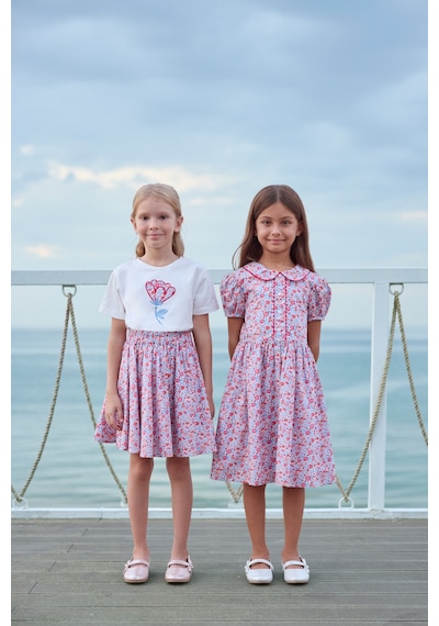 Made With Liberty Fabric Liberty Kumaş Bebe Yakalı Kız Çocuk Elbise Kırmızı