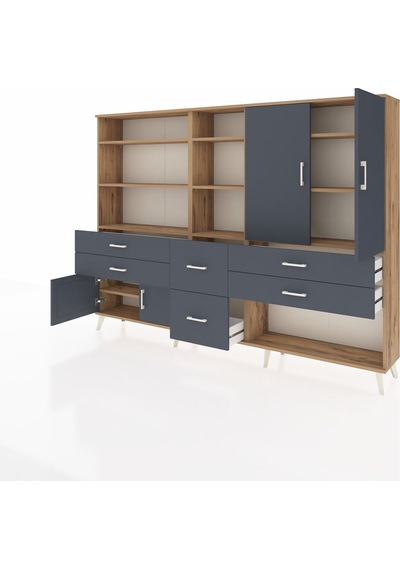 Arges Dolap 10 Raflı 6 Çekmeceli 4 Kapaklı 220x30x163 Çam-antrasi Çam-antrasit