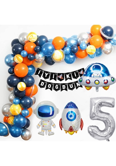 Uzay Temalı Doğum Günü Seti 5 Yaş ; 4 Adet Folyo Balon, 60 Adet Lateks Balon, Banner, Balon Zinciri ve Balon Bandı