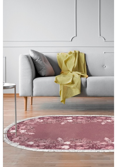 Dijital Baskılı Oval Salon Halısı Kaymaz Yıkanabilir Keçe Taban Saçaklı Çiçekli P1388 Bordo
