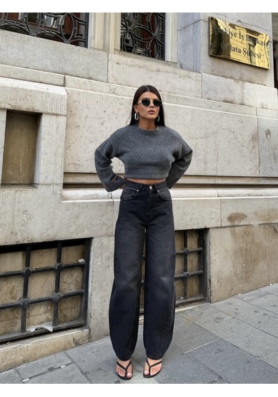 Out Of Standart Kadın Barrel Leg Normal Bel Düz Paça Jean Pantolon Antrasit