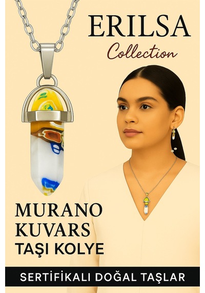 Sertifikalı Çivi Model Murano Kuvars Taşı Kolye Beyaz Renkli Tonlar Sanat Desenli Çok Renkli