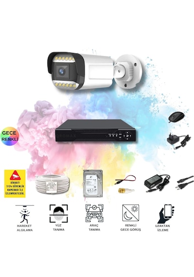 Qromax 1 Kameralı Set - Yapay Zeka Özellikli Gece Renkli Gösteren 5mp Sony Lensli 12 Warm Ledli Fullhd Güvenlik Kamerası Seti 312w-104