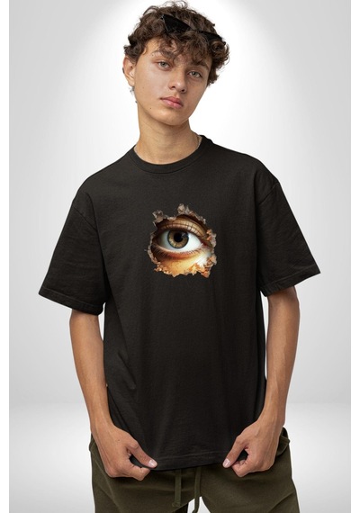 Duvardan Biri Bizi Gözetliyor Pamuklu Bisiklet Yaka Unisex Oversize Boyfriend Dijital Baskılı Siyah T-shirt Siyah