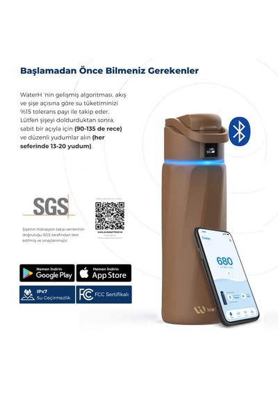 Waterh Boost Akıllı Termos Hidrasyon Takibi Yapan, Yalıtımlı 0,71l / 24oz Akıllı Şişe Kahverengi