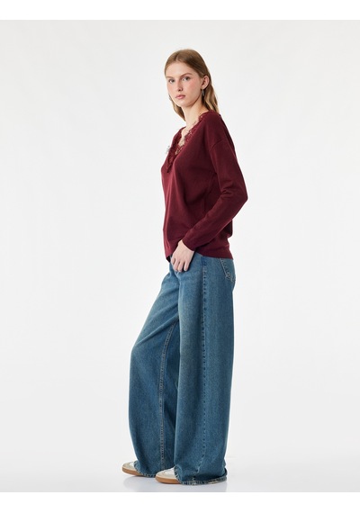 Koton Dantel Detaylı Regular Fit V Yaka Uzun Kollu Triko Kazak Bordo 7wal90144ıt