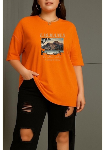Büyük Beden Tasmania Baskılı Unisex Tişört Turuncu