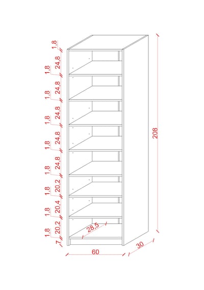 Asra Trend K-05 %100 MDF 60 cm 7 Raflı Kitaplık Petra Tasarım Kütüphane Ofis Rafı
