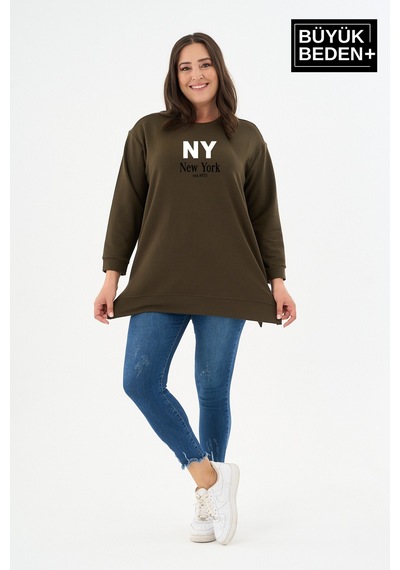 Süperlife Kadın Tunik Büyük Beden Ny Newyork Baskılı İnce Sweatshırt Spr26btk990-1 Haki