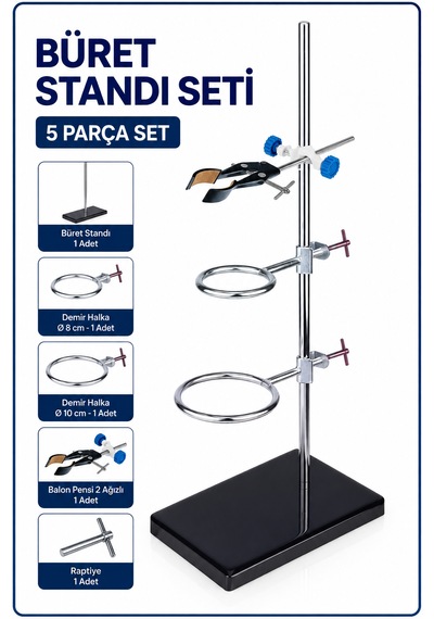 Büret Standı Seti Büret Standı 1 Adet + Demir Halka 8 Cm 1 Adet 10 Cm 1 Adet+ Balon Pensi 2 Ağızlı 1 Adet + Raptiye 1 Adet