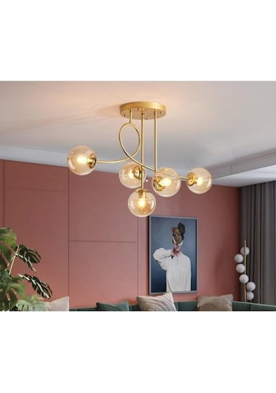 Jade Lüks Modern Salon - Mutfak - Yatak Odası Eskitme Renk Gövde Bal Camlı 5 Li Avize Diğer