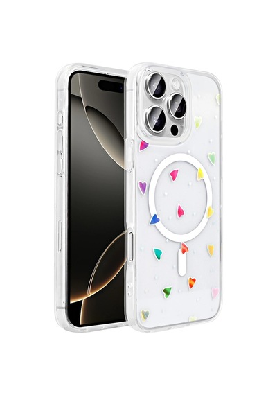 Apple Uyumlu iPad iPhone 16 Pro Max Kılıf M-safe Şarj Özellikli Şeffaf Zore Folk Sert Kapak Kalp