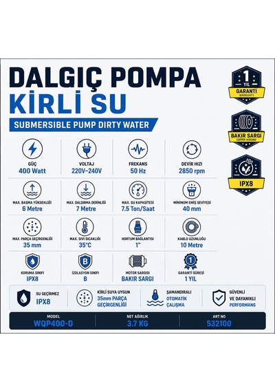 Dalgıç Pompa Kirli Su 400w Su Tahliye Pompası 7.5 Ton/saat Şamandıralı Otomatik Bahçe Bodrum Boşalt
