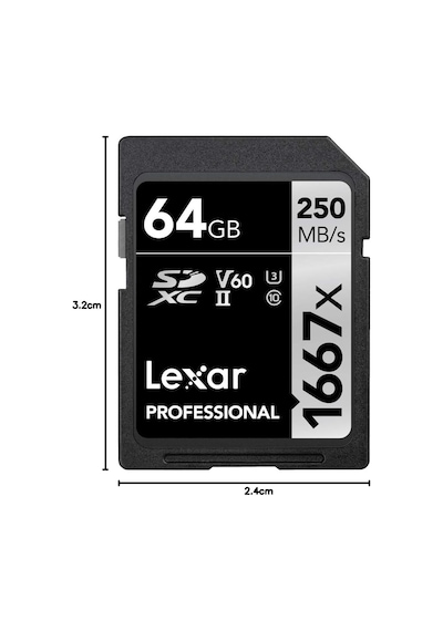 Professional 1667x Sd Kart 64 Gb, Sdxc Uhs-ıı Bellek Kartı, 250 Mb/s'ye Kadar Okuma, 120 Mb/s'ye Kadar Yazma, Sınıf 10, U3, V60, Sd İçin Profesyonel Fotoğrafçı, Videografer Lsd64gcb1667