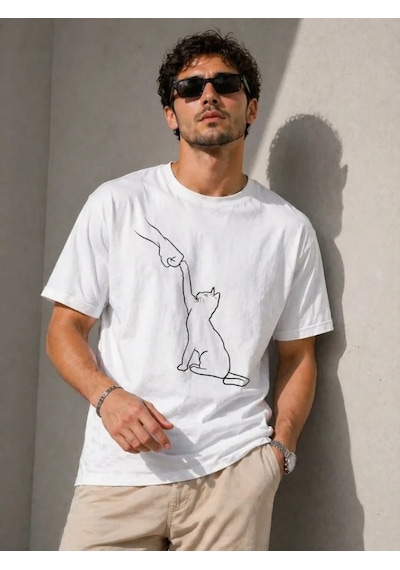 Efnaz Style Erkek Minimal Kedi Çizim Baskılı Tişört Kısa Kol Yazlık T-shirt - Beyaz