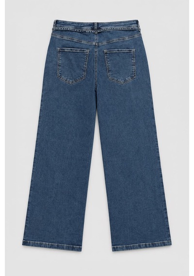 Blue White Kadın Yüksek Bel Kemerli Wide Leg Jean Pantolon Mavi