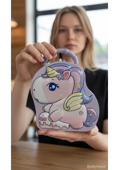 Bymyhand Metal Lila Kilitli Unicorn Temalı Kulplu Kumbara 17 X 16cm