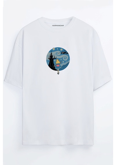 Alice Baskılı Unisex Siyah - Beyaz -turuncu - Bej Oversize T-shirt Beyaz