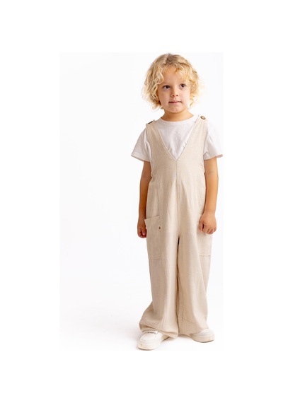 Oliven The Kid Unisex V Yaka Paça Lastikli Keten Salopet Naturel Naturel Bej