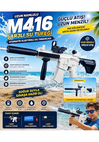 Uzun Namlulu M416 Şarjlı Su Tüfeği Otomatik 60 Cm Elektrikli Su Tabancası Mavi