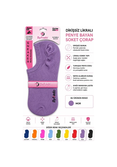 Uğur İnci Dikişsiz Likralı Penye Bayan Soket Çorap Renkli Seri Esnek, Yumuşak Dokulu, Günlük Kullanım Sneaker Çorabı 6 Mor