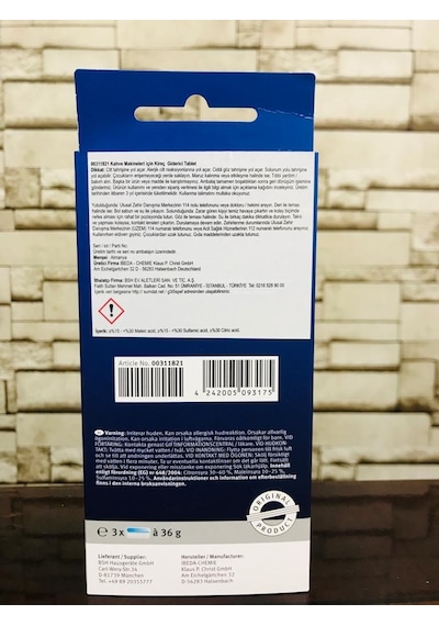 Kahve Makineleri Ve Su Isıtıcıları İçin Kireç Çözücü 3X36 Gr Tabl