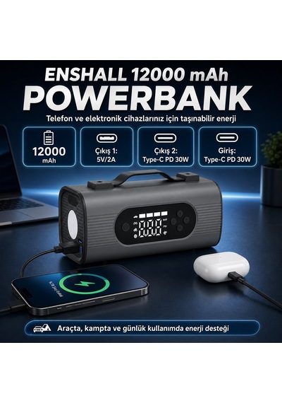 Enshall Ens001 Jump Starter - 10 İn 1 12000 Mah Araç Akü Takviye Cihazı Hava Kompresörü Powerbank Süpürge Led Fener