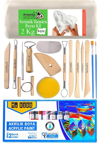 Beyaz Seramik Hamuru 2 Kg Seramik Başlangıç Seti Ebeşuar Modelleme Mydido 12 Renk Akrilik Boya Fırça 70ml Heykel