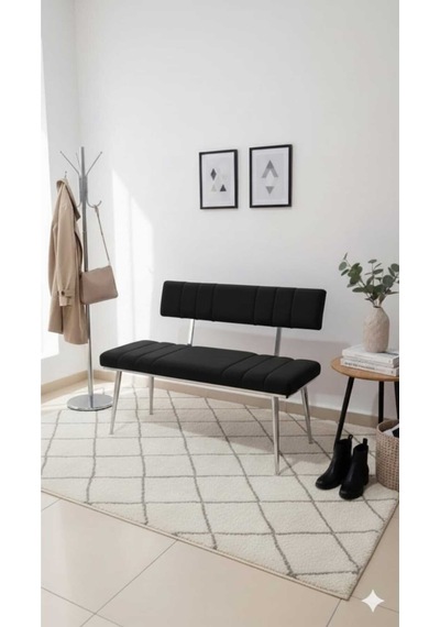 Özcan Metal Metal Ayaklı Metal Kasalı Sırtlı Krom Mutfak Salon Antre Yatak Odası Balkon Bench Puf Bank Oturak Siyah