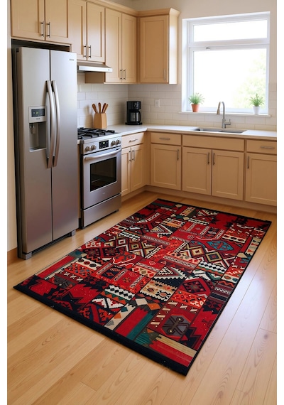 Blghome Patchwork Desenli Modern Halı Dekoratif Kilim Kırmızı - Siyah