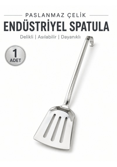 Beylini Endüstriyel Servis Spatulası Delikli Paslanmaz Çelik Uzun Saplı Geniş Yüzeyli Asılabilir Izgara Tava Lokanta Okul Yemekhane Profesyonel No3 Gri