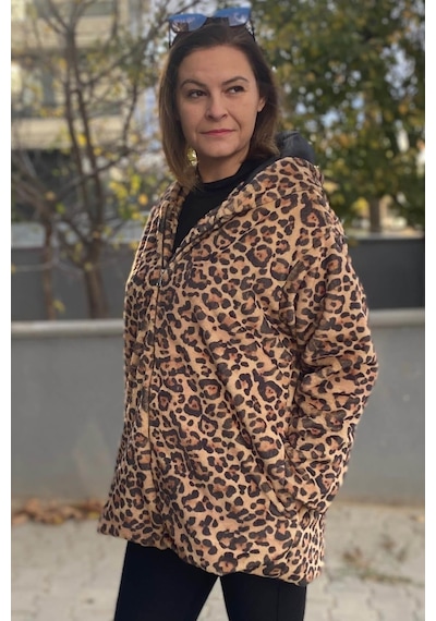 Mia Butik Büyük Beden Camel Leopar Deseli Ceket -1548 Camel