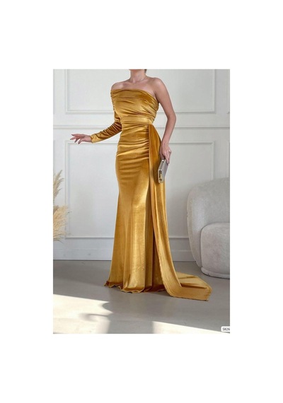 DefyModa Kadın Vintage Tek Omuz Kuyruklu Balık Kesim Abiye Elbise Sarı