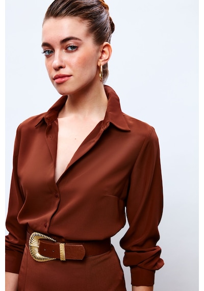 Sateen Düz Klasik Gömlek - Kahve-132874 Kahve