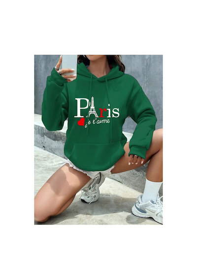 Medinenur Paris Jet Avme Baskılı Kapüşonlu Cepli Sweatshirt Yeşil