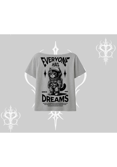 Startmore Startmore Everyone Has Dreams Yazılı Astronot Kedi Arka Baskılı Kayık Yaka Tshirt Gri